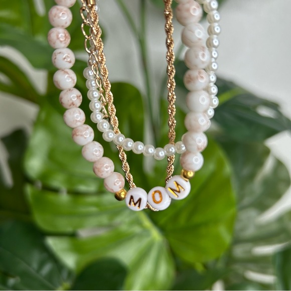 Beige & Good Mom Word Beaded Bracelet 3 Piece Bundle | Stack | Gift - Picture 4 of 5